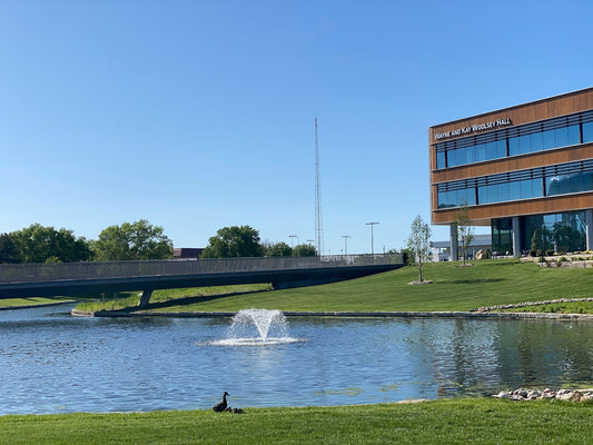 a building with a pond in front of it