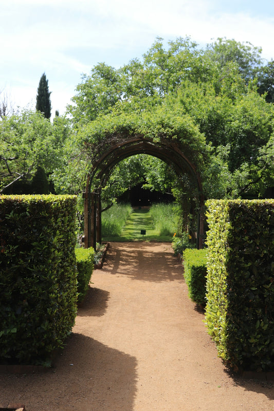 A lush garden path leads through an archway.