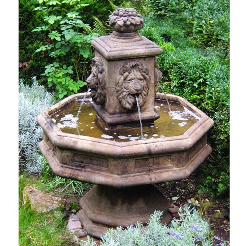 Cast stone outdoor fountain with classic lion design
