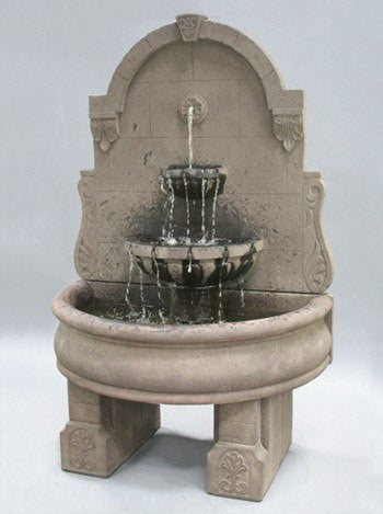 Outdoor wall fountain with plain basin and pedestals
