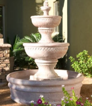 Image of a concrete three tiered garden fountain with a basin.