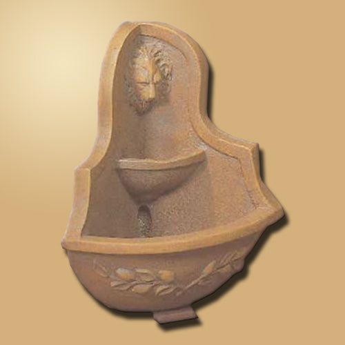 Image of a ceramic wall fountain designed to fit in a corner featuring a lion head spout.