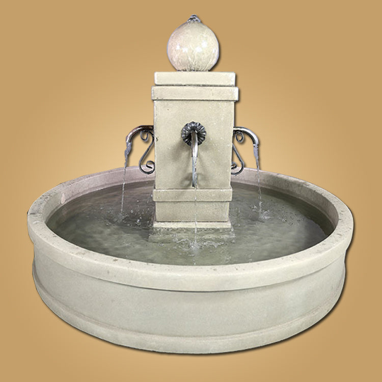 Round pond fountain with rustic spouts