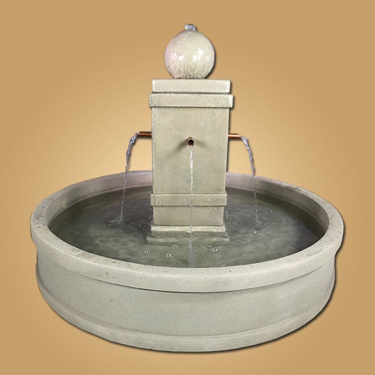 Round pond fountain with copper spouts
