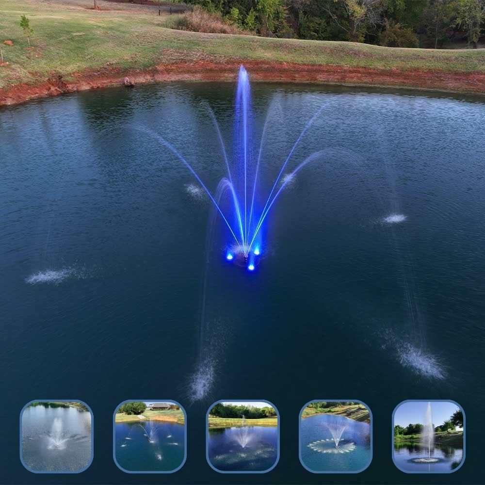 PondSelect Stainless Steel Pro Series Lake Fountain - Included Spray Patterns Crown, Shooting Star, Starburst, Wide Arch, Frothy Geyser on Water Display