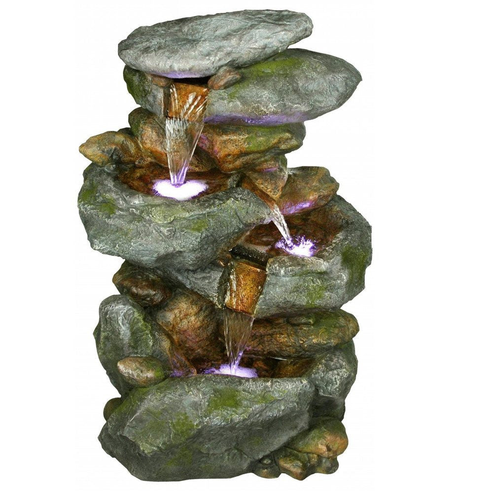 Image of a four tier rock waterfall fountain with LED lights