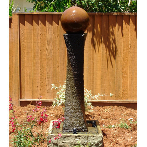 Image of a rustic twist fountain with a ball feature.