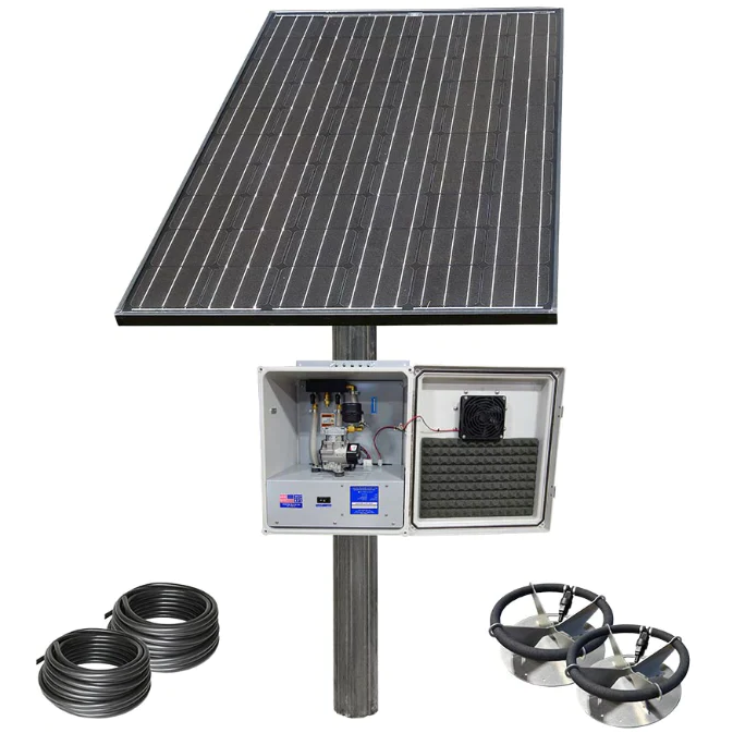 Solar powered pond aeration system for sub surface use
