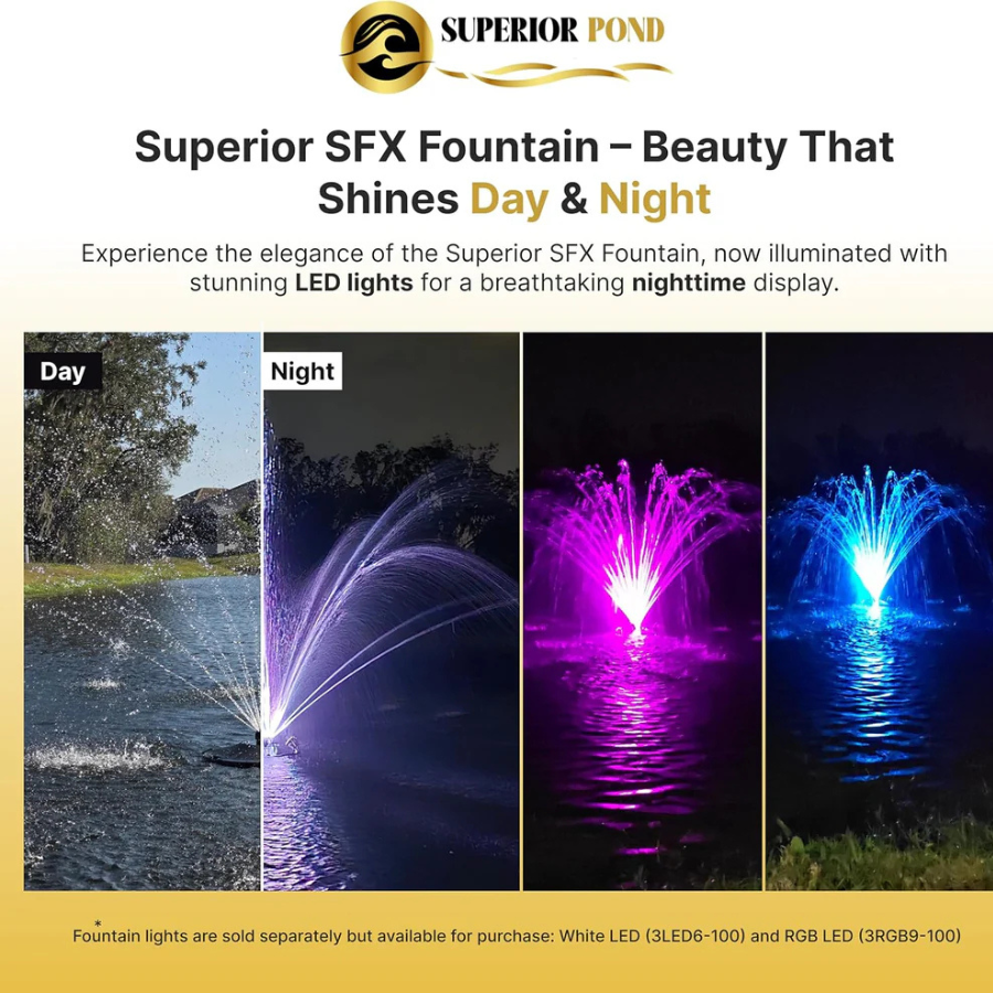 Superior Pond SFX Floating Fountain - 100FT Cord | 120V | 1/3 HP and 1/2 HP Pond Fountain
