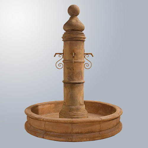 Ventoux water feature with large round basin and rustic metal spouts