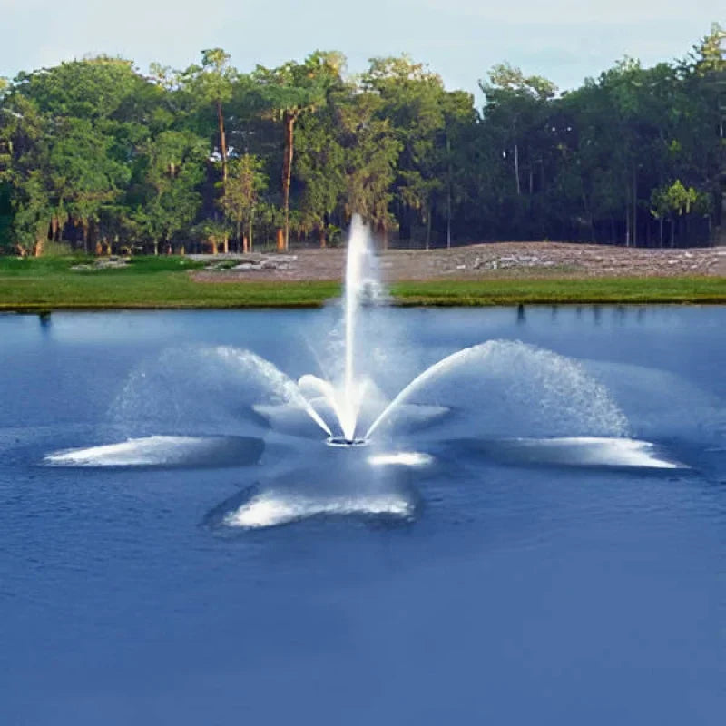 Floating pond fountain with fan jet spray pattern