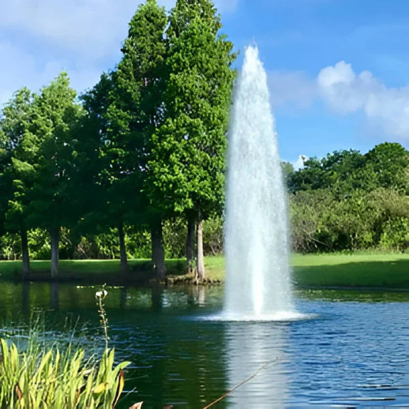 Floating pond fountain with geyser jet spray pattern