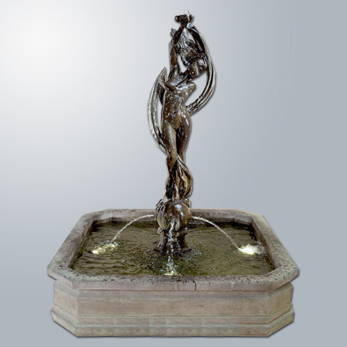 Outdoor water feature with dancing figure sculpture