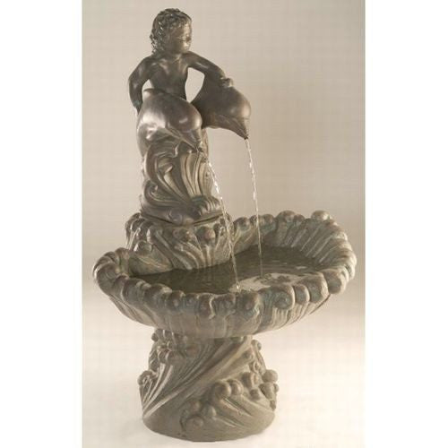 Cast stone garden fountain featuring a boy on dolphins