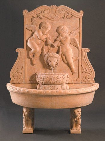 Outdoor wall fountain featuring a cherub design and pedestals