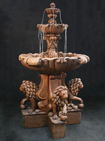Extra large outdoor fountain featuring lion pedestals