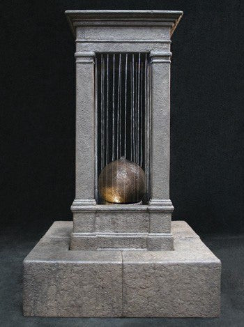 Tall outdoor water fountain with sphere and curtain rain effect