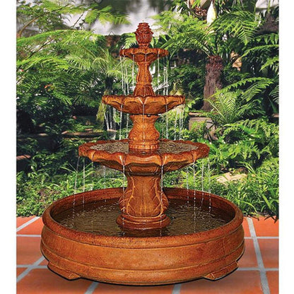 Outdoor water feature with finial design in a large pool