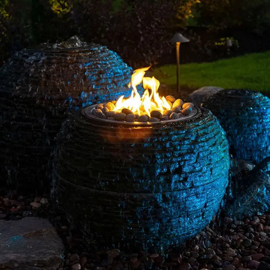 Medium stacked slate sphere fountain with fire and water feature