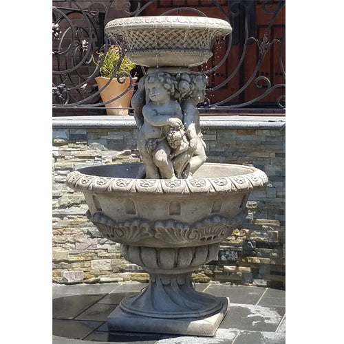 Image of an outdoor water feature with cherub figures in an antique style.