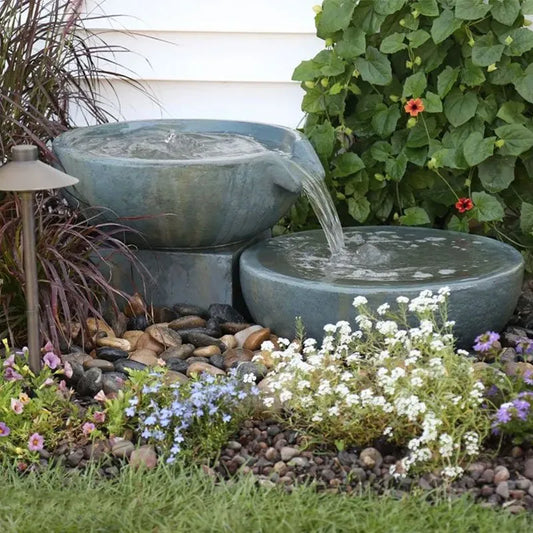 Water feature kit with spillway bowl and basin, 19 and 21 inch diameter