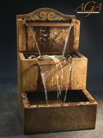 Tall tiered garden fountain designed for wall mounting