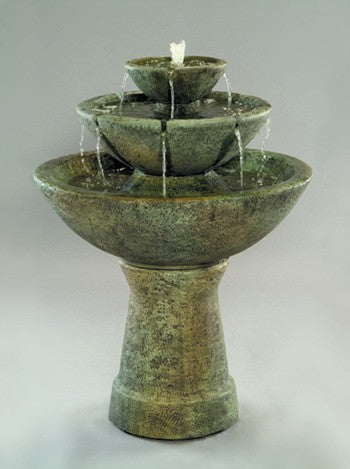Tall three tier fountain with colorful bowls and lips