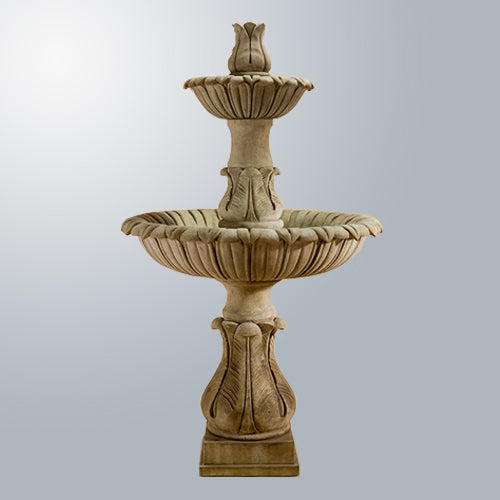 Two tier outdoor fountain with decorative top finial
