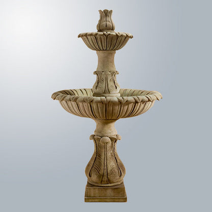 Two tier outdoor fountain with decorative top finial