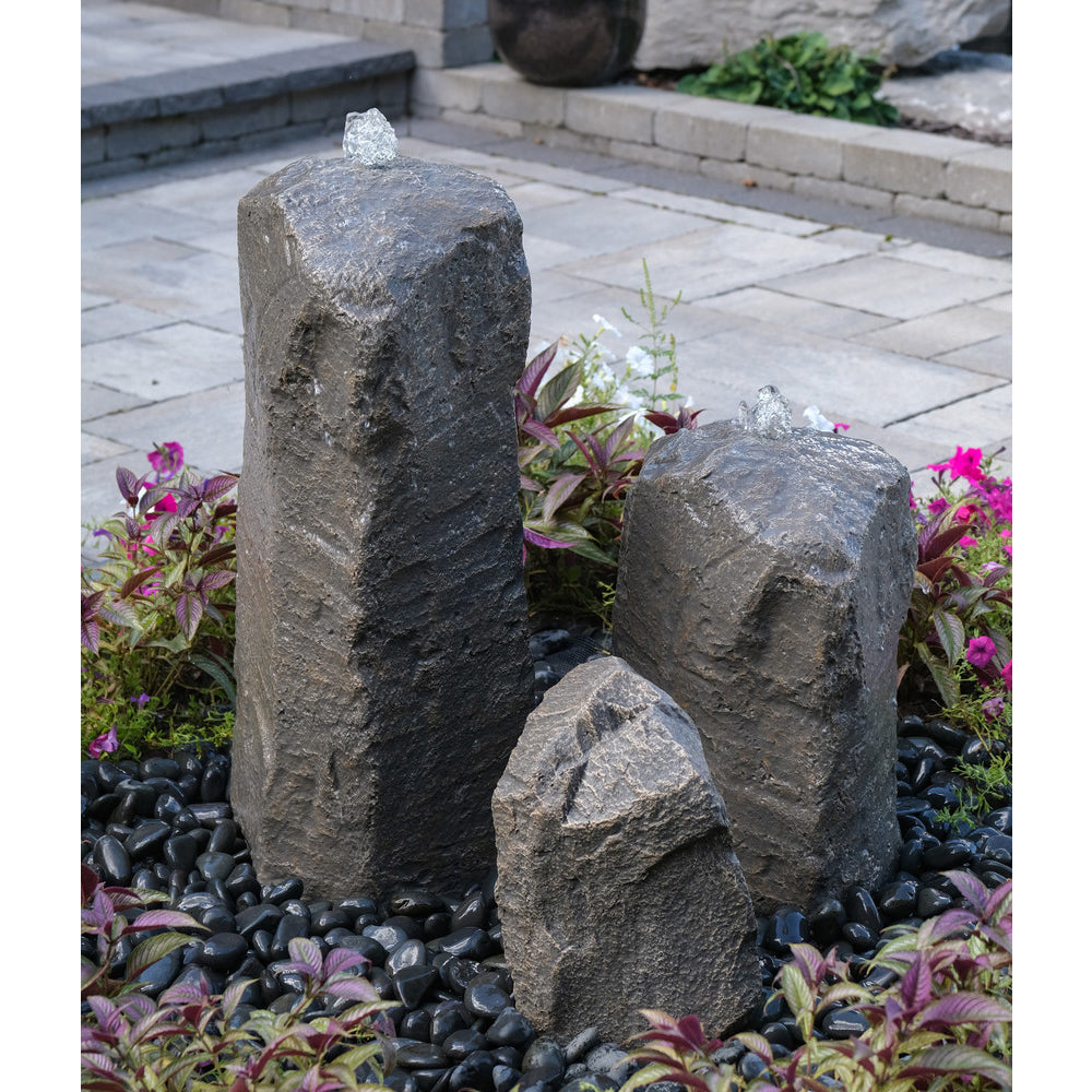 Image of a double cascade stone fountain with accent rock
