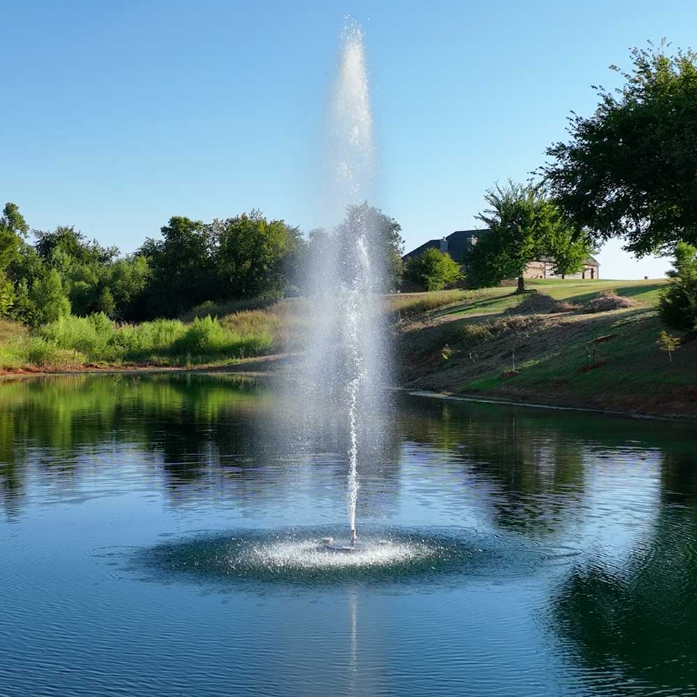 Stainless steel pond fountain with 1 horsepower motor and 5 spray patterns available in 115V or 230V