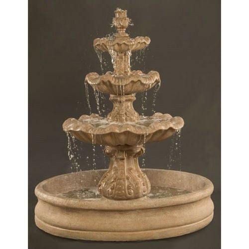 Outdoor water fountain with three tiers and a large basin