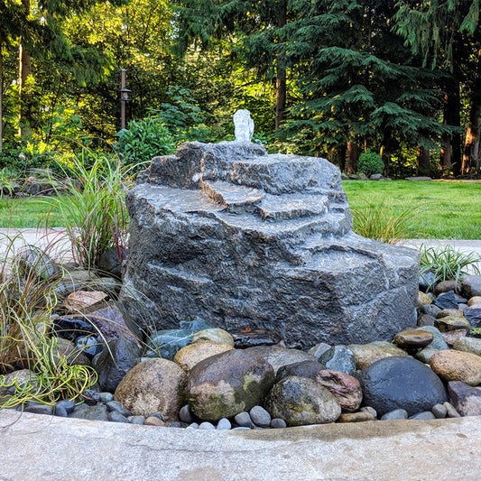 Outdoor fountain with a rock design and flowing water