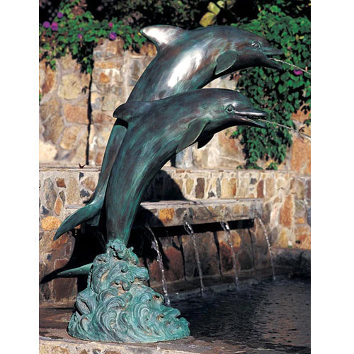 Large double dolphins garden pool accent made of brass