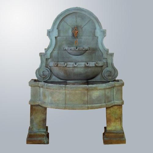 Wall fountain with legs supporting the water spout