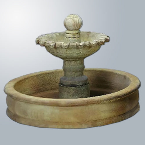Outdoor water fountain with a single tier and pond feature