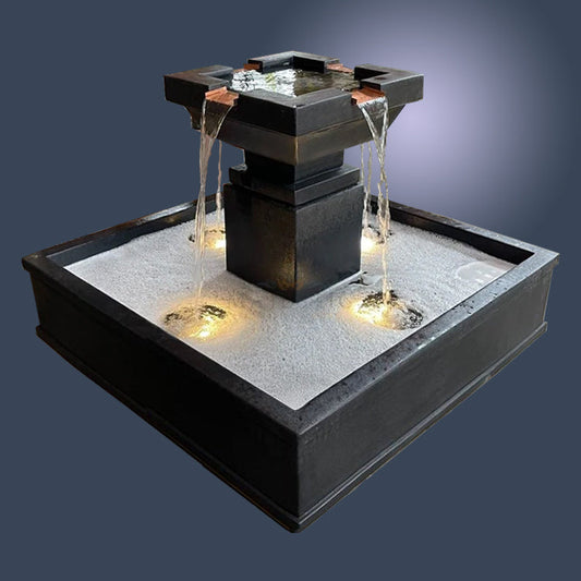 Square pond fountain for outdoor use