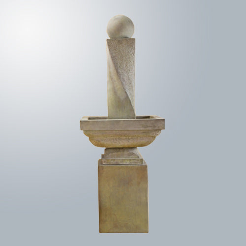 Tall fountain with a modern twisted design and a ball feature