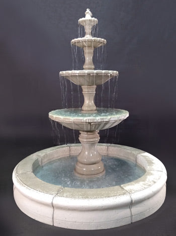 Four tier outdoor water fountain with pond base
