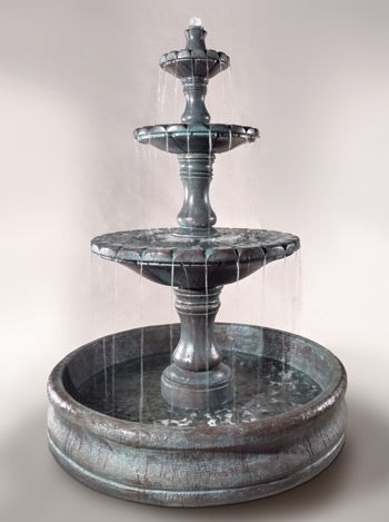 Three tier outdoor water fountain with large basin