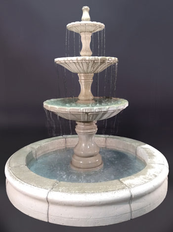 Three tier outdoor water fountain with large pond base