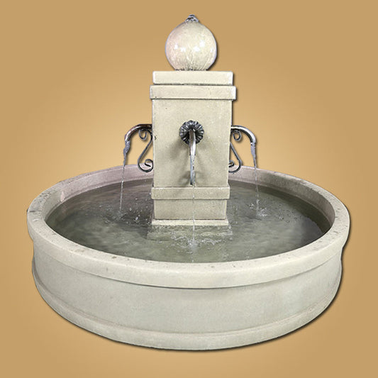 Round pond fountain with rustic spouts