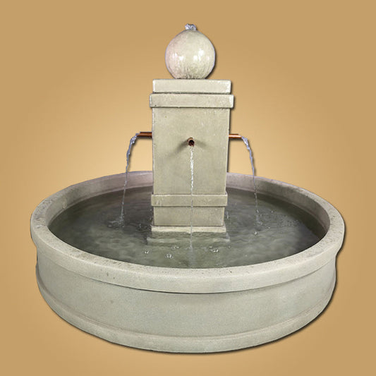 Round pond fountain with copper spouts