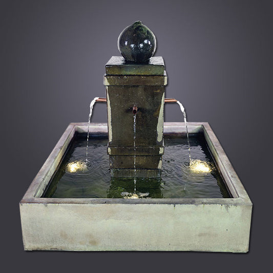 Square pond fountain with copper spouts