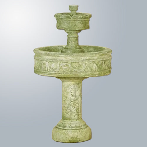 Outdoor water fountain with two tiers and a tall base