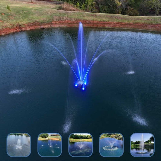 PondSelect Stainless Steel Pro Series Lake Fountain - Included Spray Patterns Crown, Shooting Star, Starburst, Wide Arch, Frothy Geyser on Water Display
