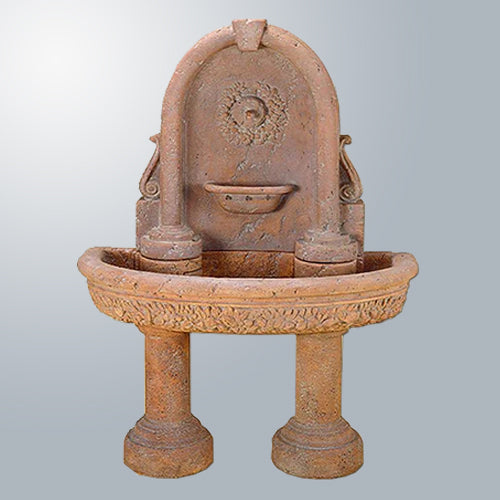 Outdoor wall fountain with two pedestals