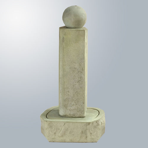 Outdoor water feature with rock pillar design and sphere accent