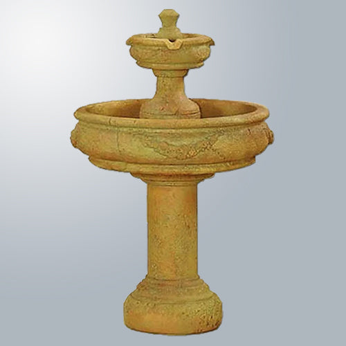 Outdoor water fountain with two tiers and a tall base