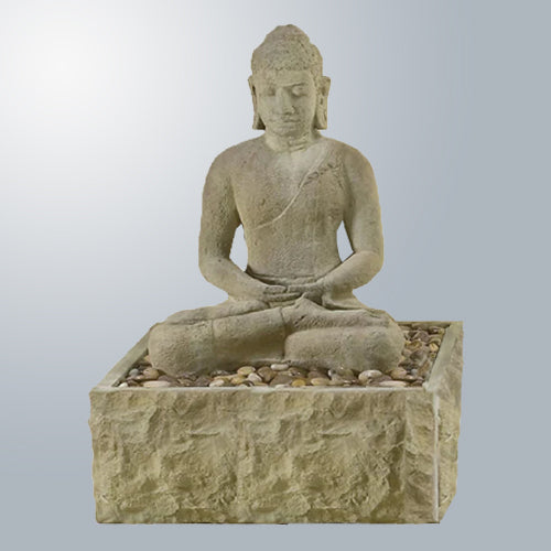 Image of a decorative water feature with a seated Buddha figure.